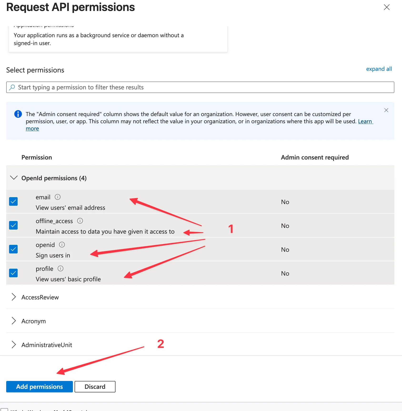Azure AD API permissions step 3b