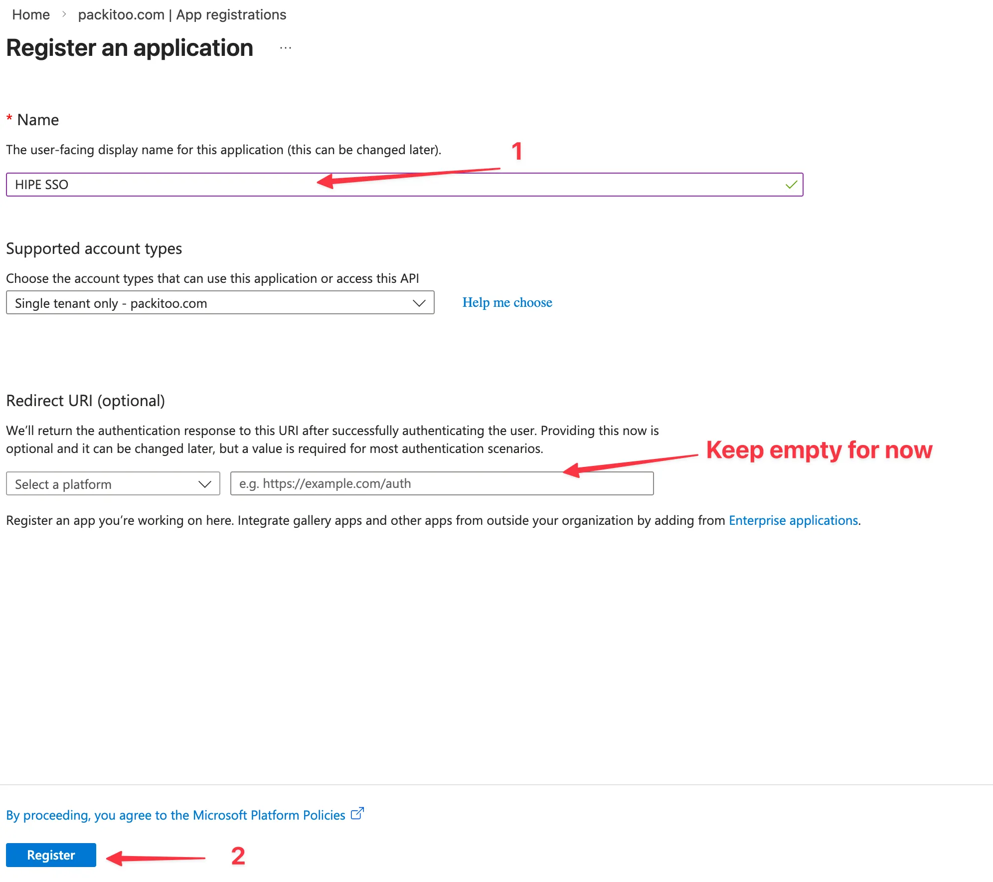 Azure AD application registration step 2
